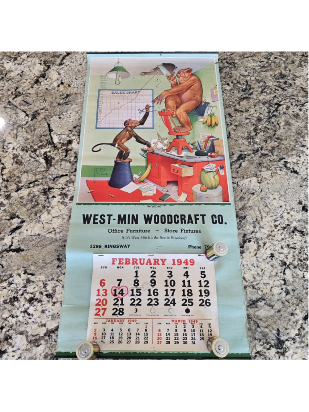 Vintage 1949 West-Min Woodcraft Co Advertising Calendar Lawson Wood Monkeys 33"